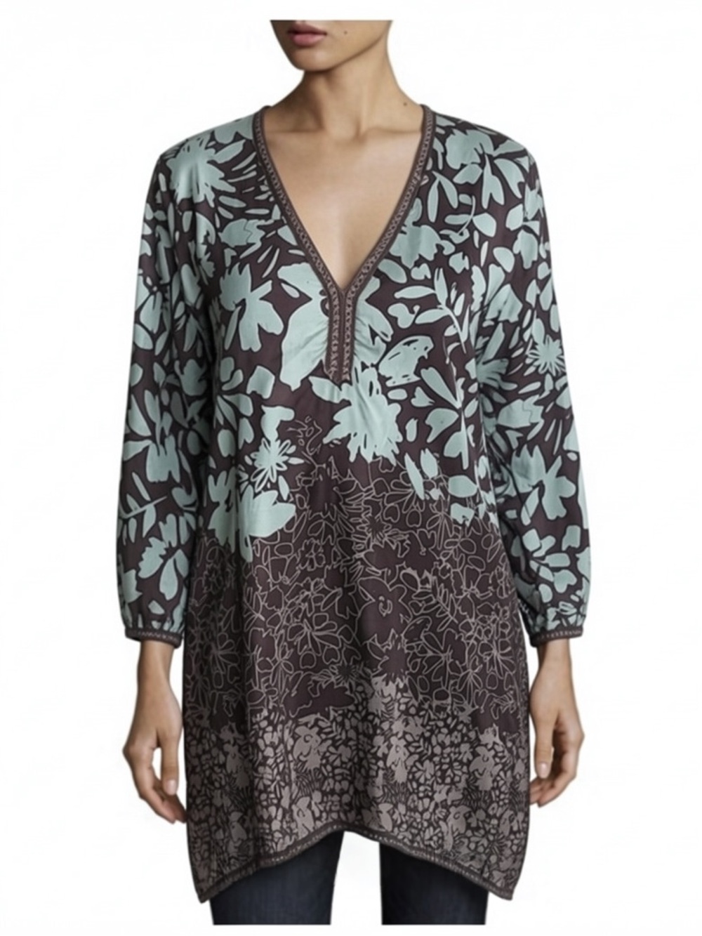 JOHNNY WAS 100% Silk V-neck Floral Tunic Top in Blue and Chocolate XS